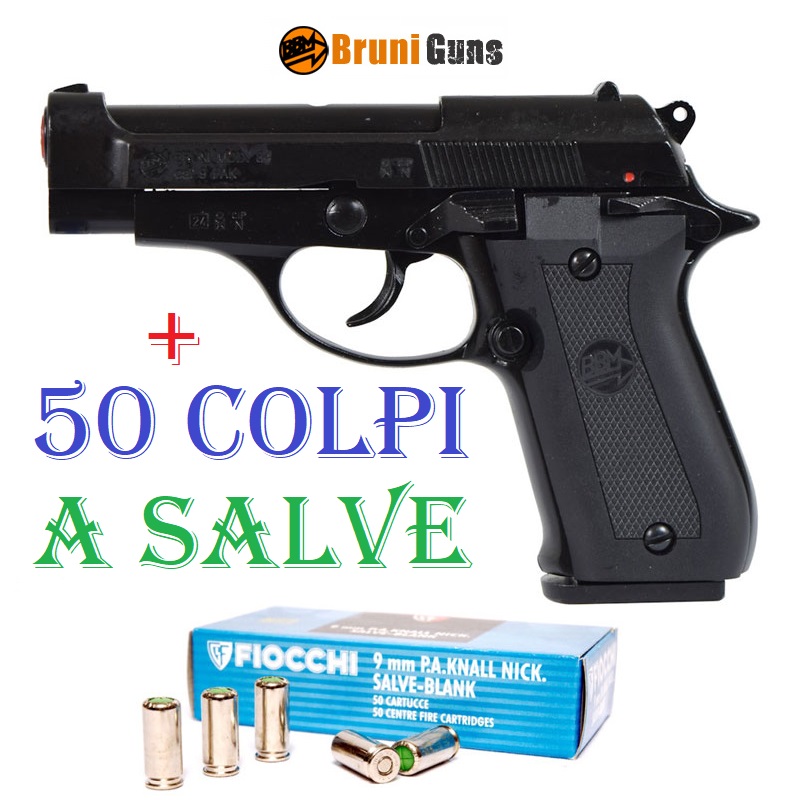 Scacciacani bruni 84 - pistola a salve top firing in calibro 9 mm con valigetta - arma da segnalazione acustica e da collezione con pacco di 50 colpi a salve - replica smontabile della beretta 84 di colore nero marca bruni guns.
